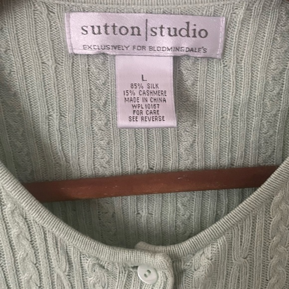 Bloomingdale’s Sutton|Studio Silk|Cashmere Green Cable Knit Cardigan Sz … - Picture 3 of 4